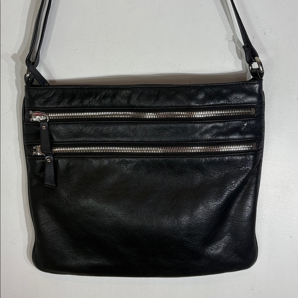 Margot Black Leather Crossbody Bag Multi Zip Pockets Adjustable Strap Everyday